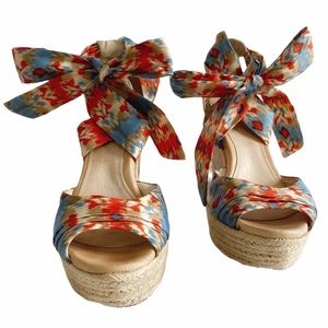 UGG TRINA COLORFUL BLUE RED ANKLE CROSSED LACE WICKER COMPENSATE WEDGE SANDALS